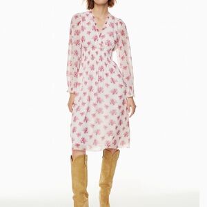 Wilfred Aritzia Faraway Puff Sleeve Smocked Chiffon Midi Tea Dress size small